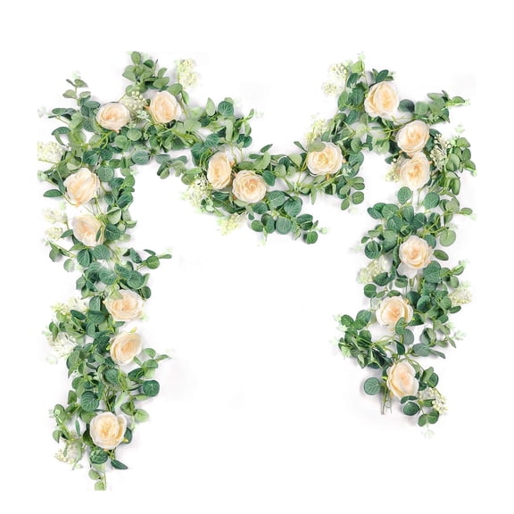 2 Pack Artificial Eucalyptus Leaves Camellia Flower Garland Greenery  for Wedding Table, Backdrope, Party Centerpiece Room Decor (Champagne)
