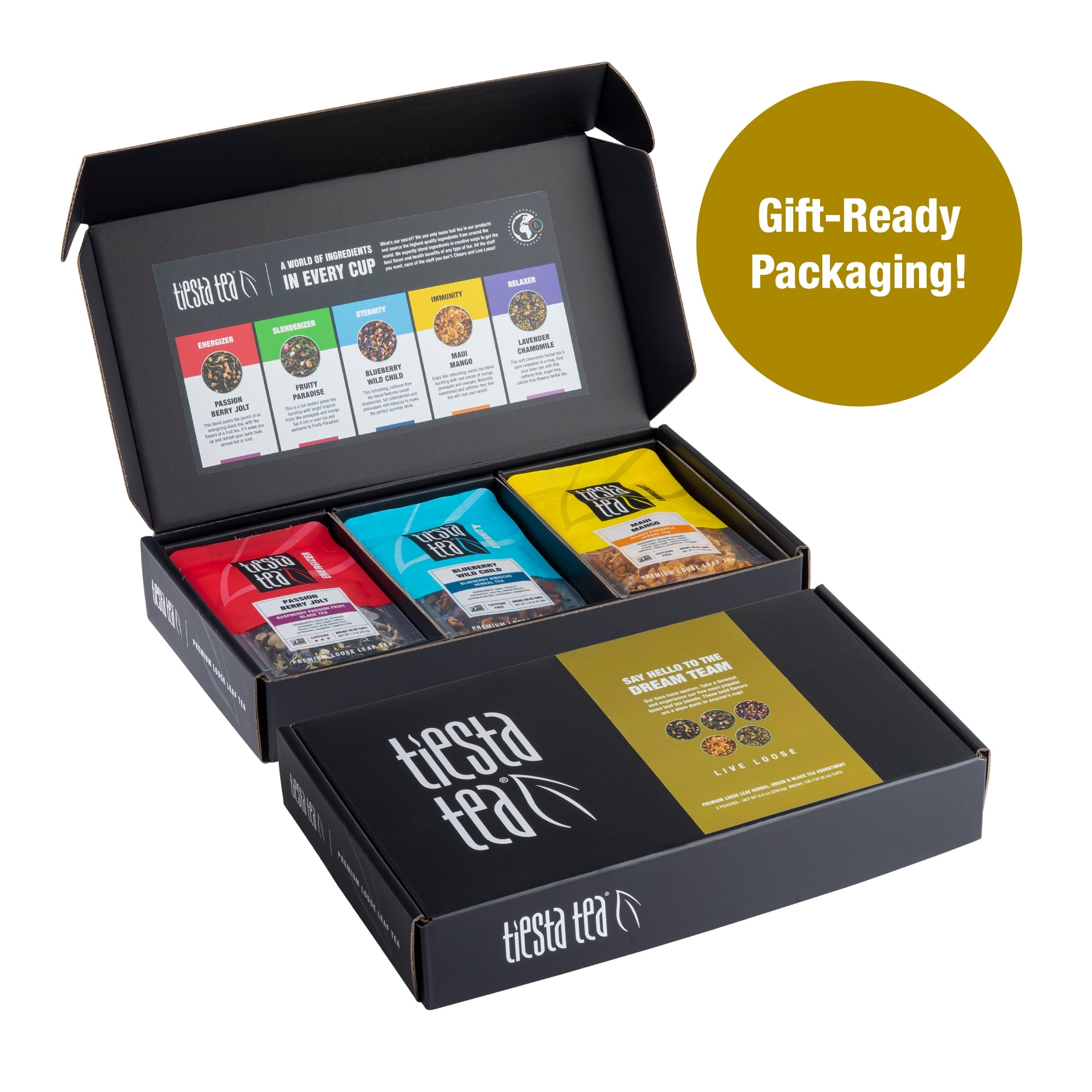 Tiesta Tea - Tiesta's Top Loose Leaf Tea Gift Box, High to Non Caffeinated Tea Variety Pack, Make Hot & Iced Tea, 5 Pouches of Assorted Tea Blends with Green, Herbal, Black & Fruit Tea Bags