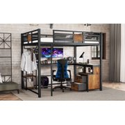 Bellemave Queen Size Loft Bed with Desk, Metal Loft Bed with Storage Shelves & Non-woven Fabri Drawers and Built-in Ladders for Teens, Adults, Black
