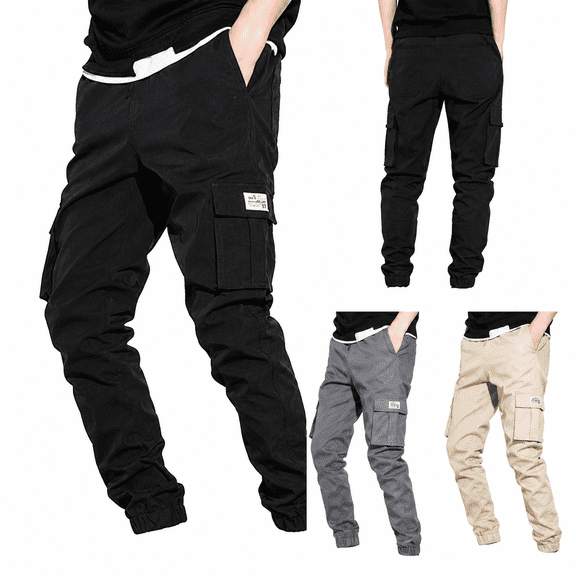 CLOISE Cargo Pants Men Baggy Big and Tall Long Trousers Pants Solid Casual Bottoms Vacation Clothes with Pockets Black