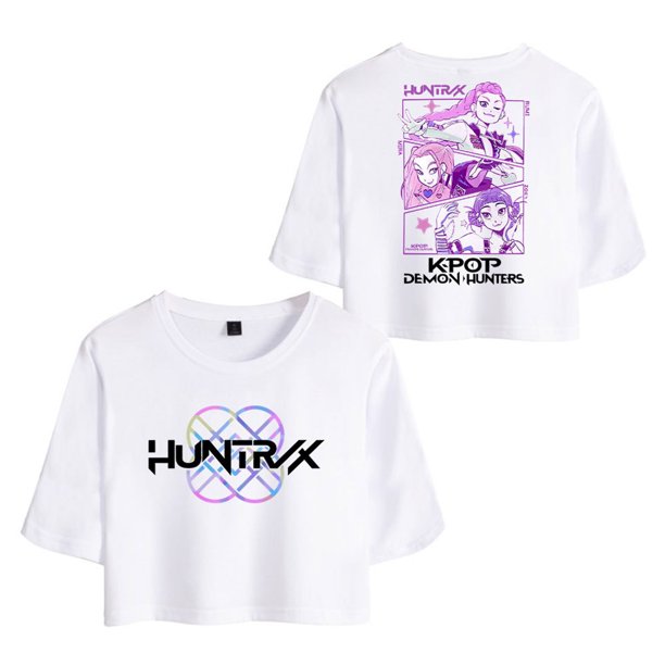 Pop cazadora para niña Demo-n Hunters Round-Neck Printed Anime Trio Poster T Shirt (Purple Pink)