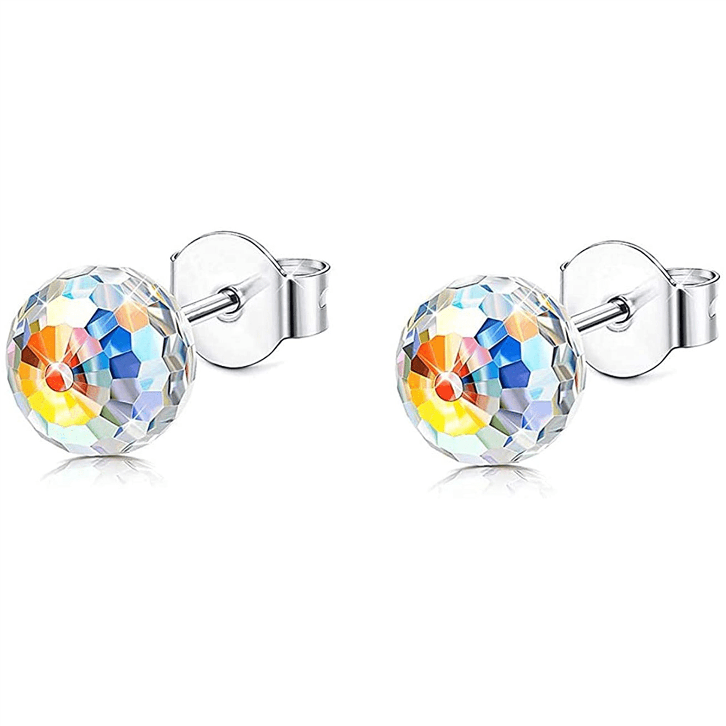 .925 Sterling Silver Aurora Borealis Aqua Crystal Round Stud Earrings for Girls Hypoallergenic