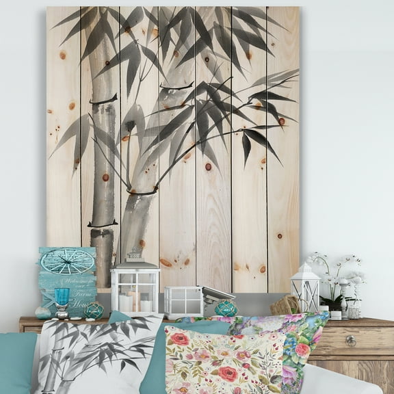 Designart 'Vintage Black and White Bamboo' Traditional Print on Natural Pine Wood
