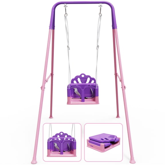 3-in-1 Foldable Toddler Swing Outdoor Toys, Baby Swing for Outside, Kids Swing with Metal Frame, Pink & Purple
