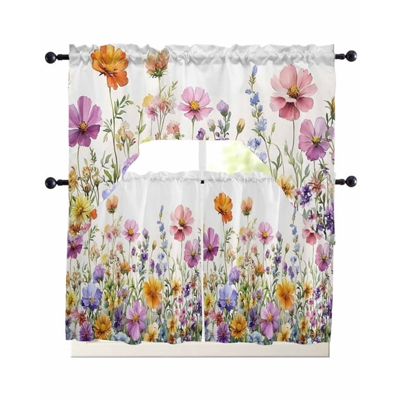 Pink Spring Floral Kitchen Curtains Sets 36 Inch Length with Valance, Pastoral Botanical Watercolor Flowers Swag Valances and Tiers Curtain Set Drapes Swag Curtains for Living Room, Bathroom, Bedroom
