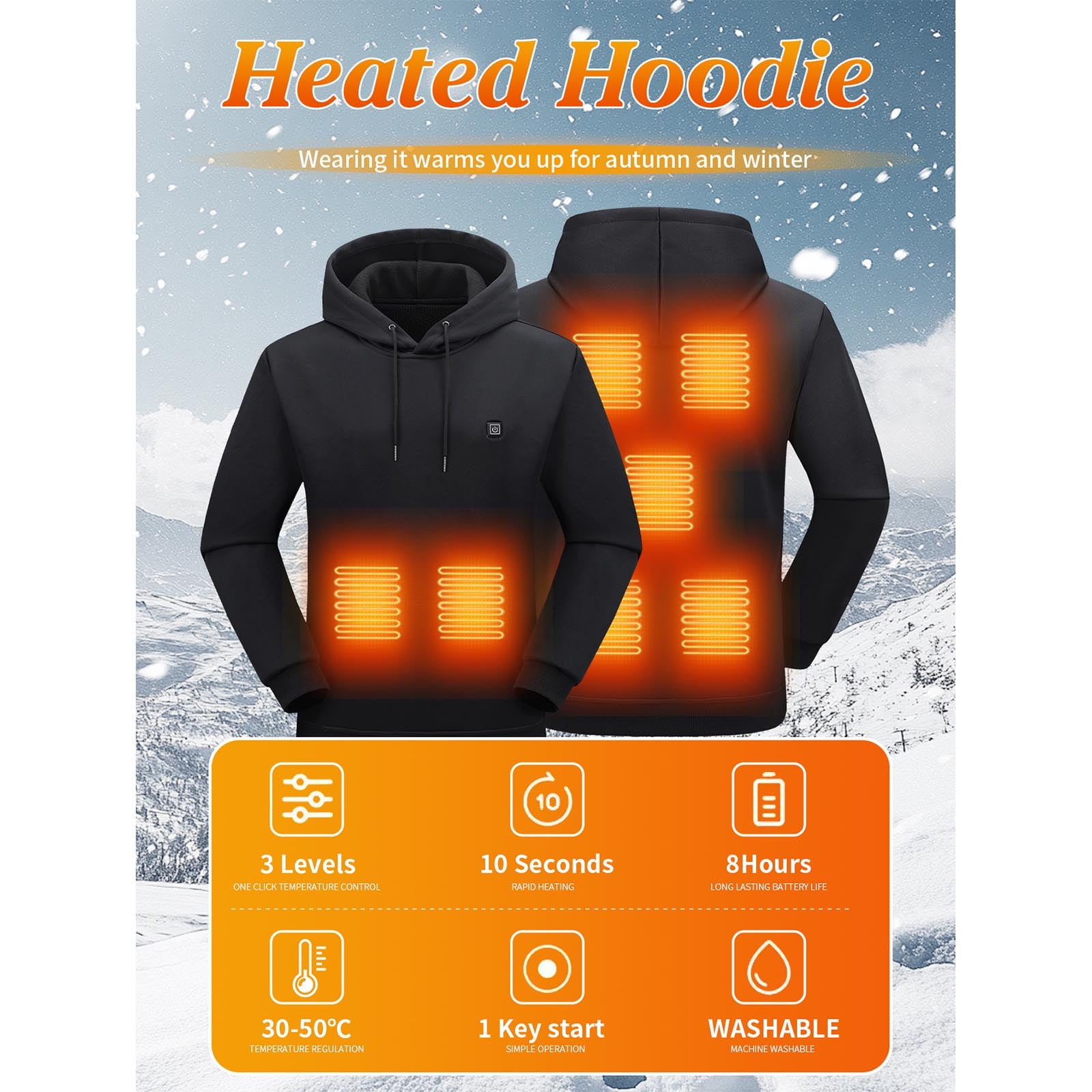 purcolt Heated Hoodie for Men Women, USB Electric Unisex Heated Jackets Hooded Pullover Sweatshirts Thick Warm Casual Lightweight Heating Coat with 5 Heating Zones, Power Bank Not Included