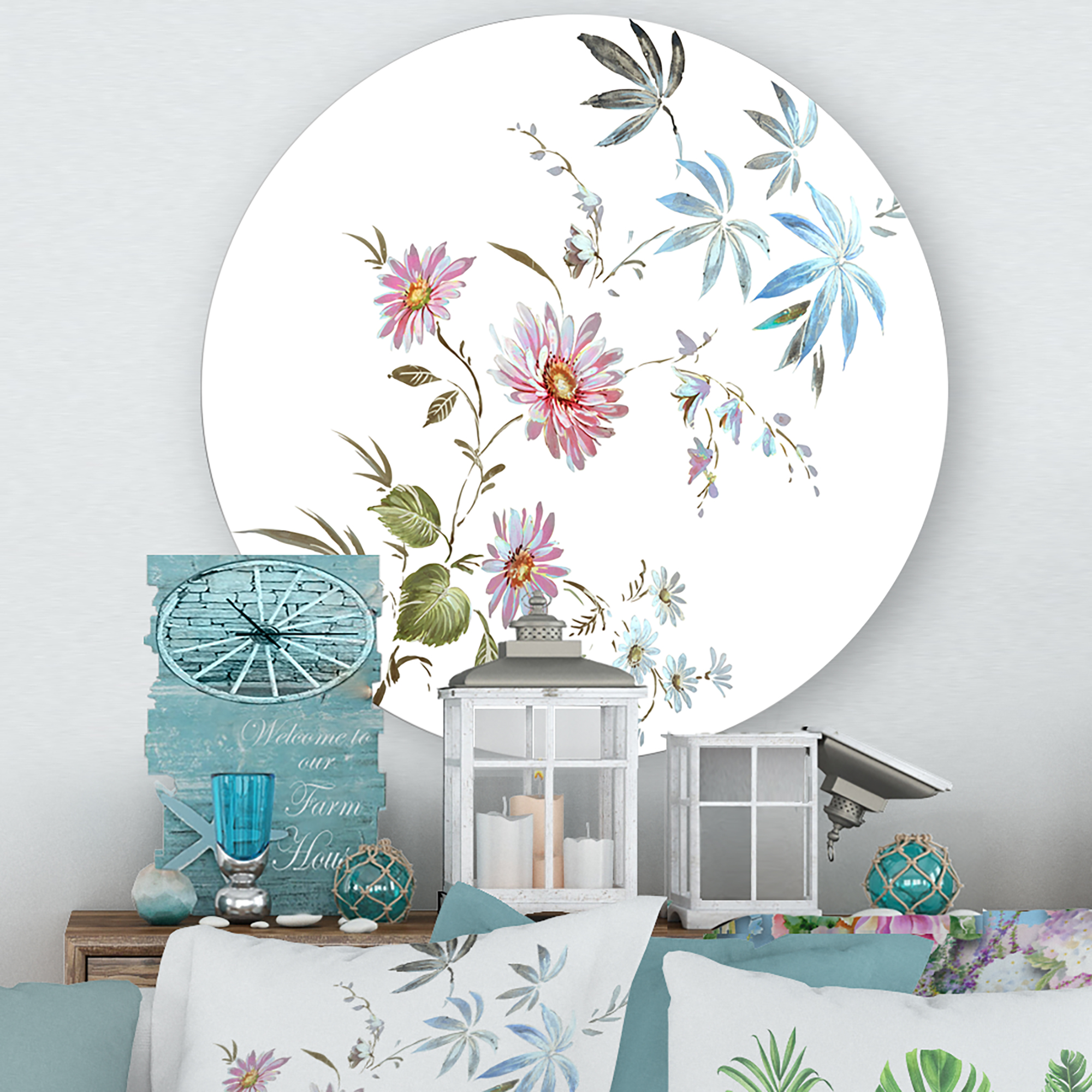 Designart 'Pink and Blue Wildflowers I' Traditional Circle Metal Wall Art 23x23 - Disc of 23