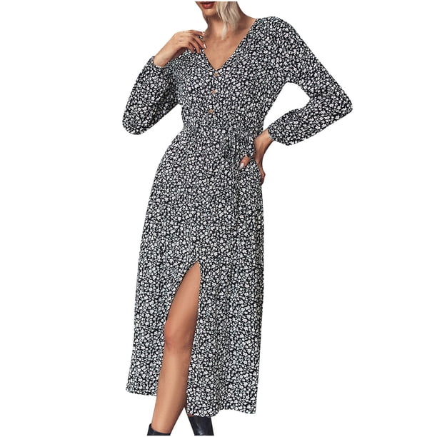 Moda mujer cuello en V impresión manga larga cordón Slim Fit Split dobladillo vestido Pompotops hdfakjf6894