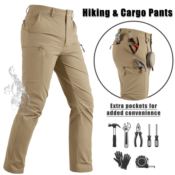 KEFITEVD Men's Water Resistant Outdoor Hiking Pants Lightweight Quick Dry 6 Pockets Ripstop Stretch Cargo Pants,Khaki,32