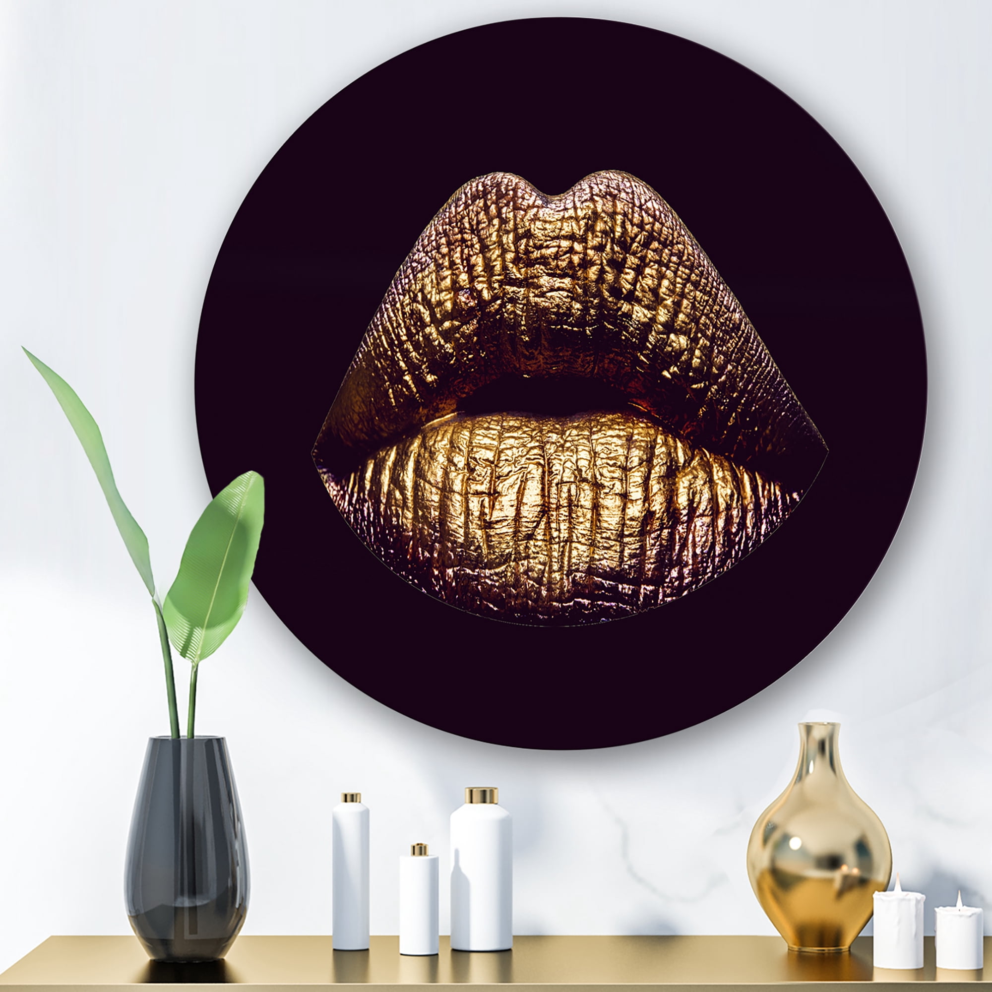 Designart 'Sexy Golden Metallized Woman Lips II' Modern Circle Metal Wall Art 11x11 - Disc of 11