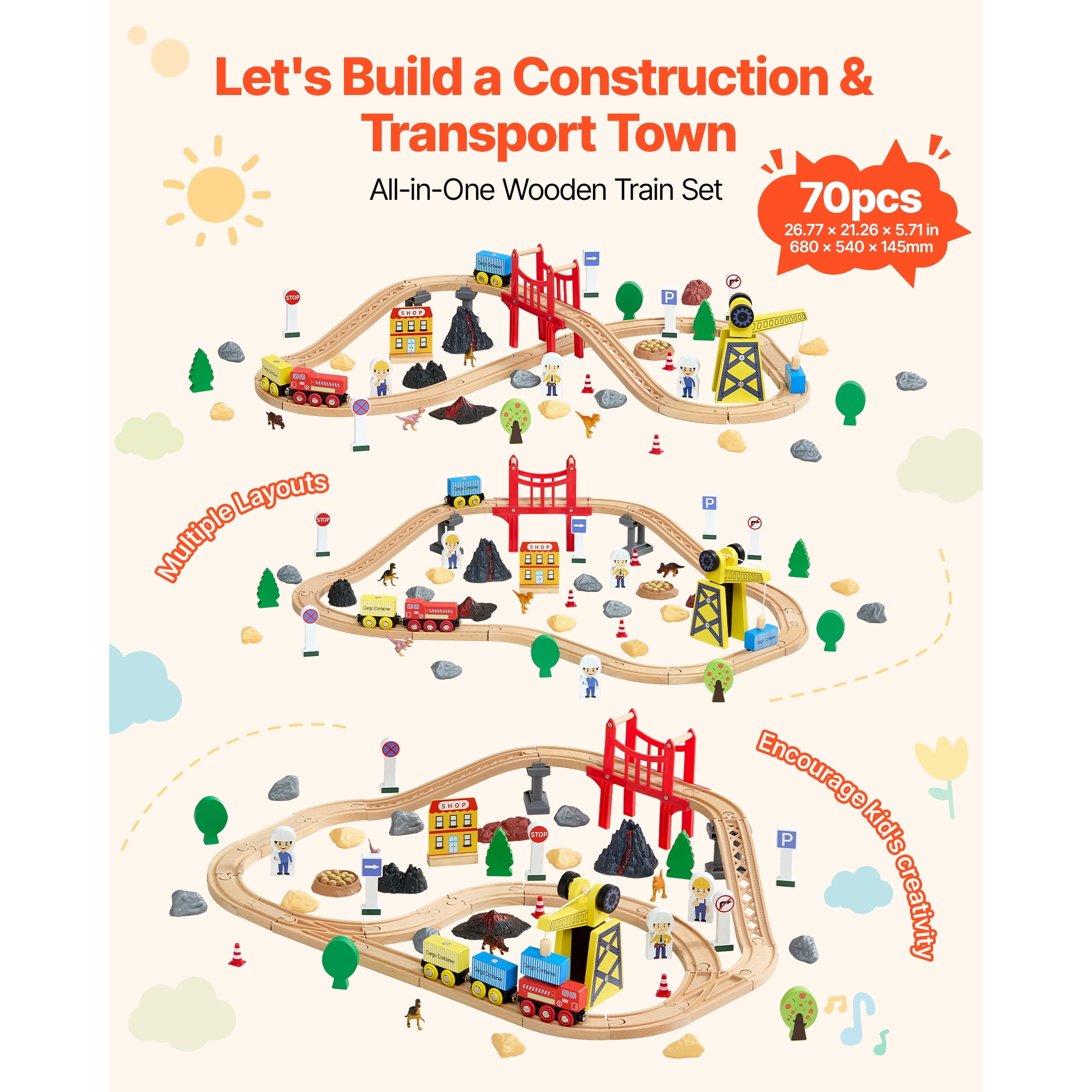 KFFKFF 70PCS Wooden Train Set with Magnetic Crane, Wooden Railway Track Toy for Kids Ages 3-8, Construction Crane Playset, Compatible with Popular Brands,Ideal Christmas or Birthday Gift for Toddlers