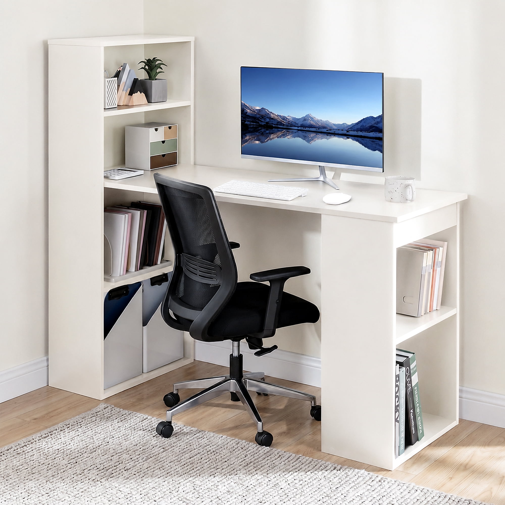 48" Computer Desk with 4-Tier Bookcase, Modern Reversible Home office Desk Writing Desk for Small Spaces, White