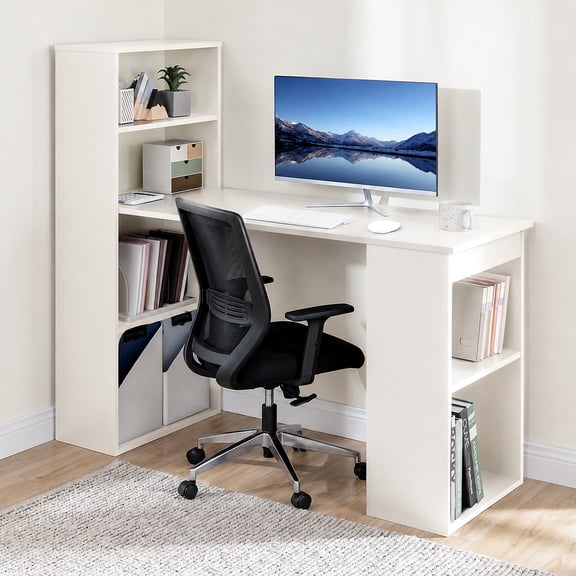 48" Computer Desk with 4-Tier Bookcase, Modern Reversible Home office Desk Writing Desk for Small Spaces, White