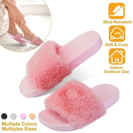 

NPolar Woman s Faux Fur Slippers Open Toe Flat Slide Sandals House Shoes Pink 6