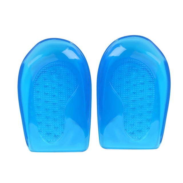 plantillas de silicona, gel de silicona o/x, copa para el talón de la pierna, arco ortopédico para el pie, rendimiento lleno de energía par de plantillas correctoras azules de gel con copa de talón y soporte de arco, vista frontal centrada que muestra contorno ergonómico y superficie texturizada antideslizante; diseñadas para ayudar con piernas O/X y ofrecer acolchado del talón, tallas S (9.2 cm x 6.5 cm) y L (10.2 cm x 7.5 cm); también suelen usarse en calzado deportivo para soporte adicional durante actividades ligeras.