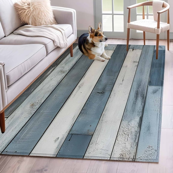 Vintage Blue Farmhouse Area Rug 3x5 Washable Rug Non Slip Retro Wooden Country Large Area Rug Indoor Floor Carpet for Entryway Bedroom Kitchen Living Room Home Office Dining Room Nursery