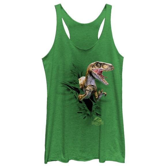 Women's Jurassic Park Danger Velociraptor Tearing Through  Racerback Tank Top Envy Green Large
