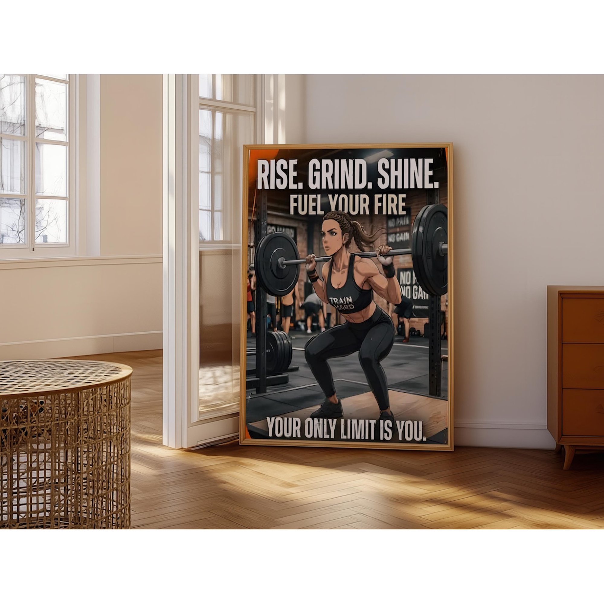 Motivational Gym Wall Art Rise Grind Shine Fitness Poster Empowering Workout Inspiration Fuel Your Fire Weightlifting Art
