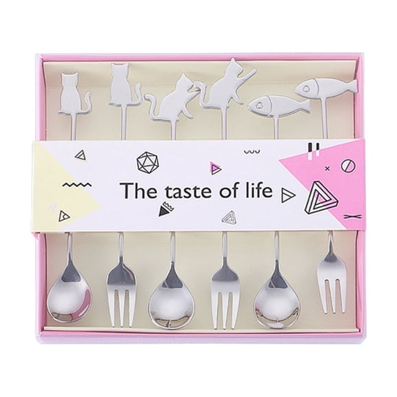 Stainless Steel Cat Spoon and Fork Set, Silver Flatware for Soup and Salad, Cute Cutlery for Home Dining