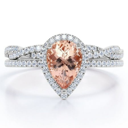 JeenMata Halo Pave Design - 1.5 Carat Teardrop Peach created morganite and Moissanite - Infinity Twisted Shank Wedding Ring Set - 18K White Gold Plating over Silver
