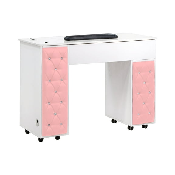 Drexel Manicure Table Tufted Side Panel Nail Desk with Marble Top, Modern Pink Diamond