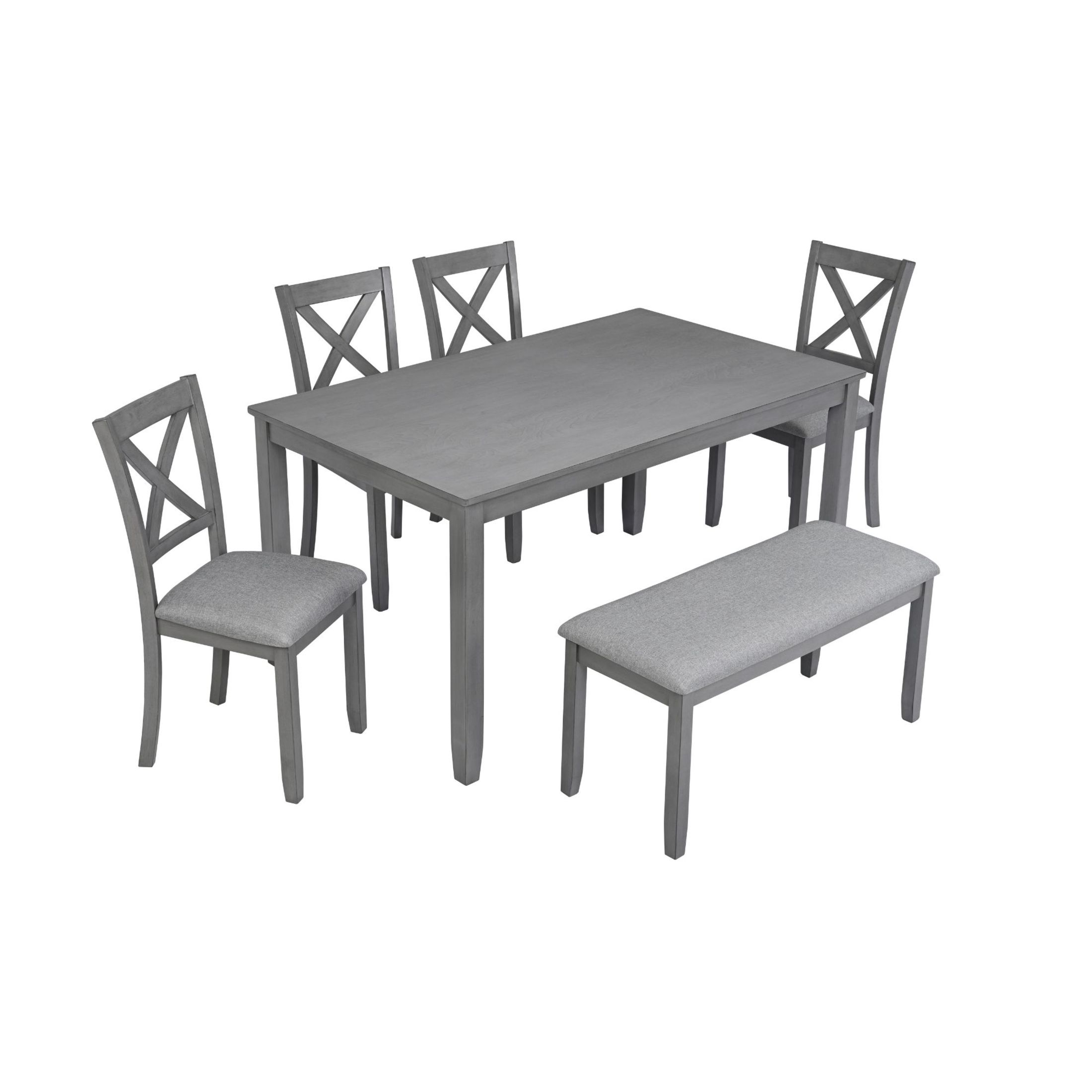 Noble House Farmhouse Dining Set for 6, Rectangular 58.5" Wooden Table with Upholstered Chairs and Bench, Gray