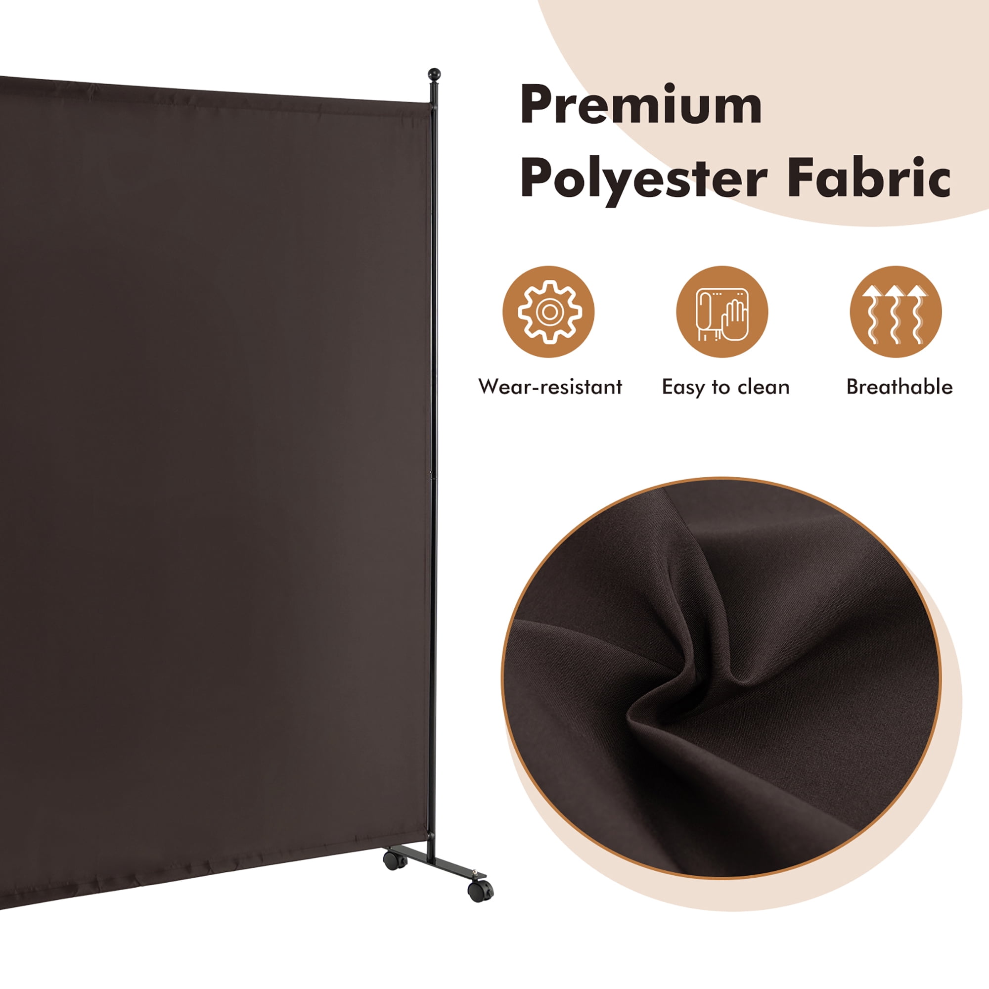 Costway 6FT Single Panel Room Divider with Wheels Rolling Fabric Partition Privacy Screen Brown