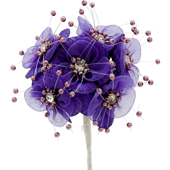 72PC Purple Artificial Organza Flower Rhinestone Pick for Home Craft Decor DIY Wedding Bridal Veil Headband Dress Cake Topper Embellishment Scrapbook Favor Corsage Floral Bouquet Arrangement
