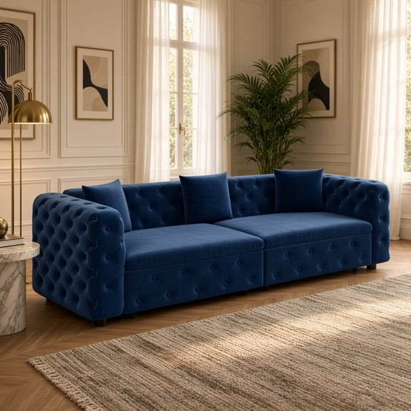 3-in-1 Pull Out Sofa Bed, 89" Convertible Sleeper Sofa, 4-Seater Velvet Couch with Tufted Design, 3 Pillows, for Apartment, Living Room, Blue