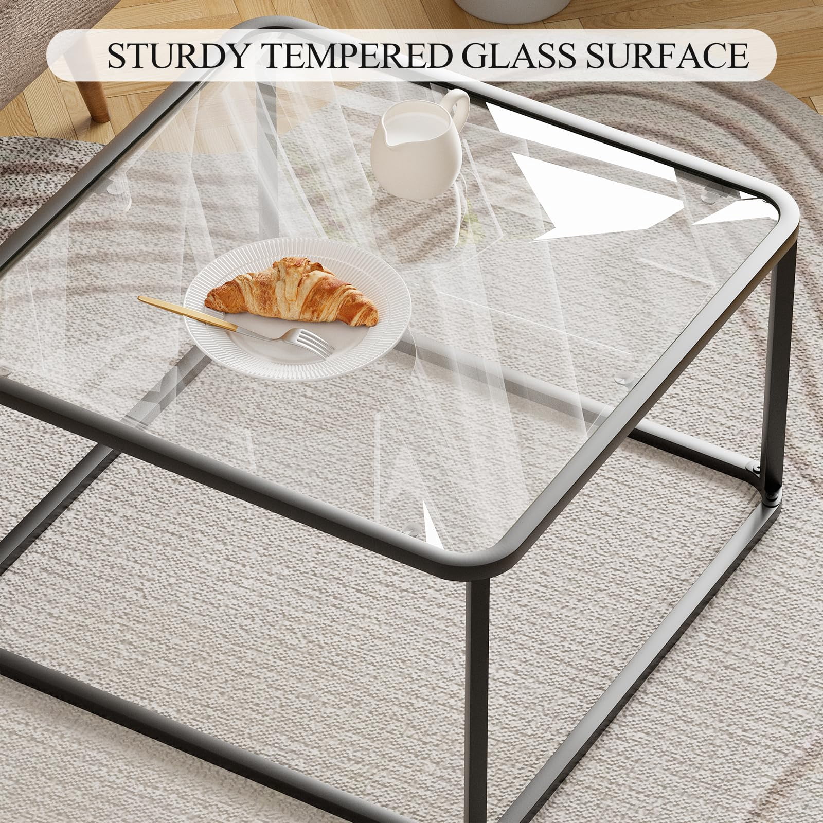 Coffee Table Glass, Minimalist Square Tables for Living Room, Modern Center Table for Office or Small Space, Tempered Glass, Sturdy Metal Frame, Easy Assembly, 26.4 x 26.4 x 15.7 Inches, Black