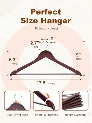 Cherry Wooden Hangers 30 Pack, Solid Wood Hanger with Non Slip Pant Bar, Heavy Duty Wooden Coat Hanger for Closet, Smooth Finish Wood Clothes Hangers for Shirts, Suits, Jackets, Dress