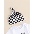 thumbnail image 6 of FEORJGP Infant Baby Girl Boy 3 Piece Summer Outfits 0 3M 6M Newborn Short Sleeve Rompers Letter Print Crew Neck Jumpsuits Checkerboard Pants Hat Little Girls Boys Fashion Casual Daily Clothes Set, 6 of 9