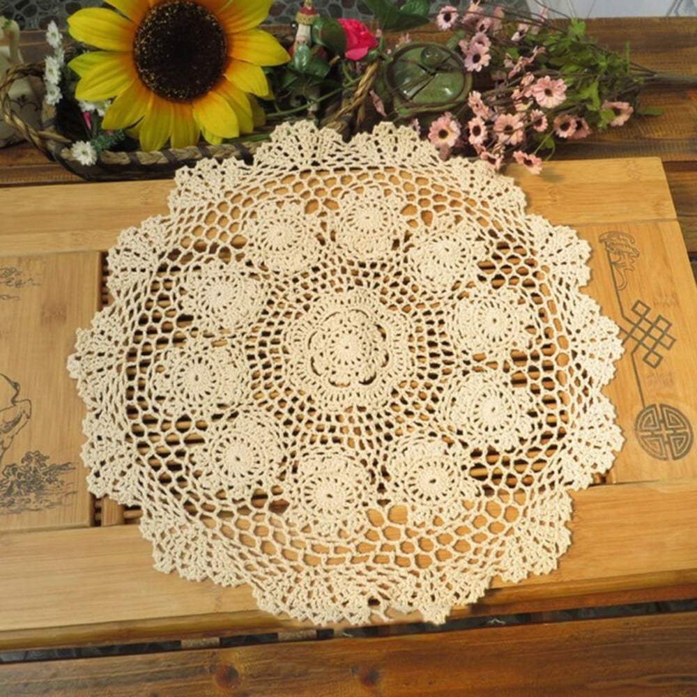 Skilful Fine Yarn Hand Crochet Rose Embroidery Beige Cotton Round Table Cloth XL 
