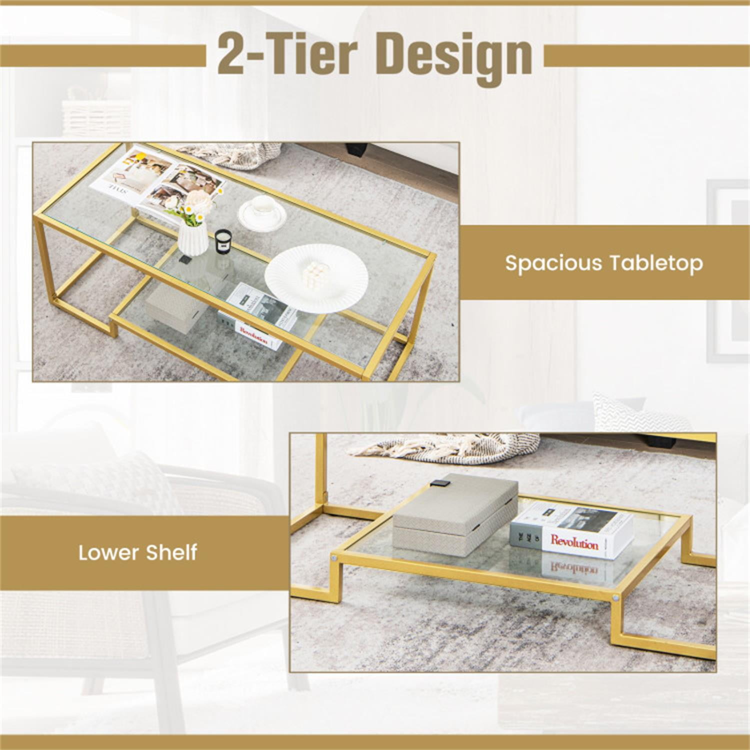 Demi Bonn 3-Piece Coffee Table Set, Modern 2-Tier Rectangular Coffee Table with Glass Table Top & Set of 2 Square Sofa Side Table with Tempered Glass Tabletop, for Living Room, Gold