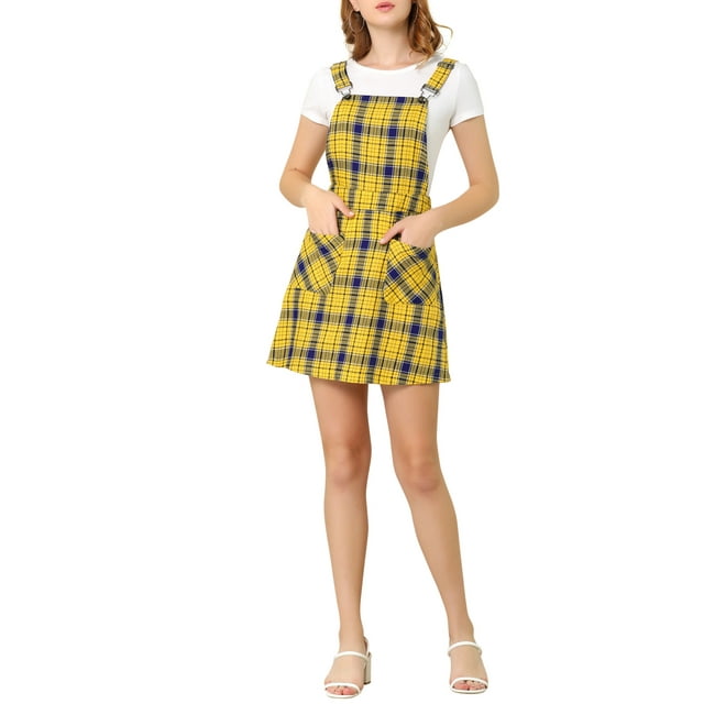 Unique Bargains Robe Salopette à Carreaux pour Femme à Bretelles Ajustables