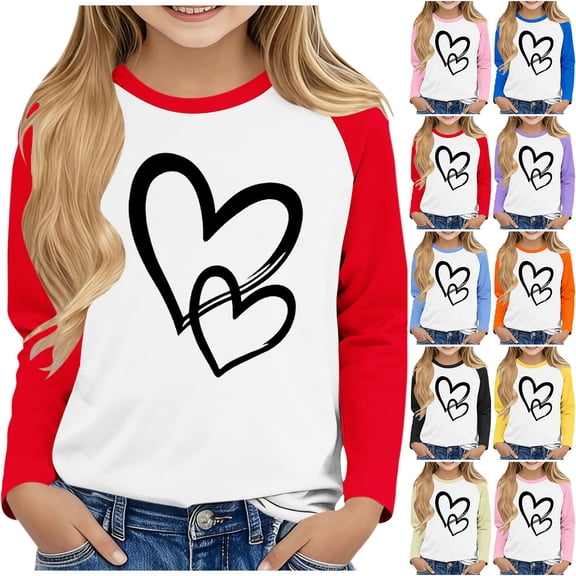 THDHVS Girls Long Sleeve Shirts,Kids Heart Print Long Sleeve Crewneck Tee Soft Cotton Stretchy for Fashion Casual Layering Blue 5-6 Years