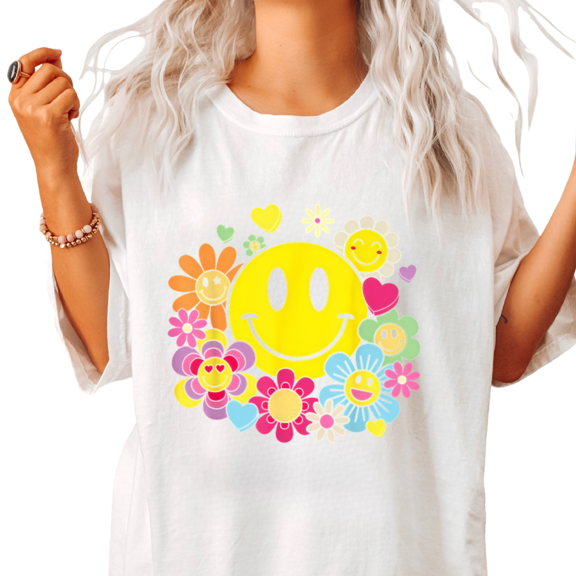 UNISHE Women's white Retro Groovy Colorful Daisy Floral Smiley Face Graphic Short Sleeve T-Shirts Tops