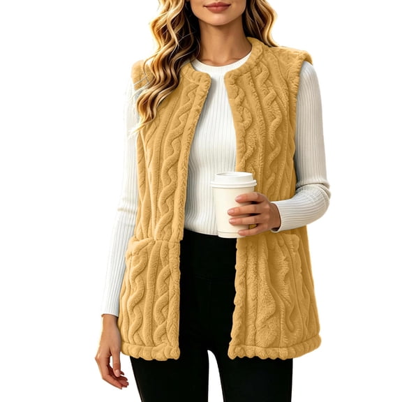 Klisyaur Womens Fleece Vest Sleeveless Crew Neck Open Front Casual Jackets Loose Outerwear Work Comfy Soft Warm Jacket