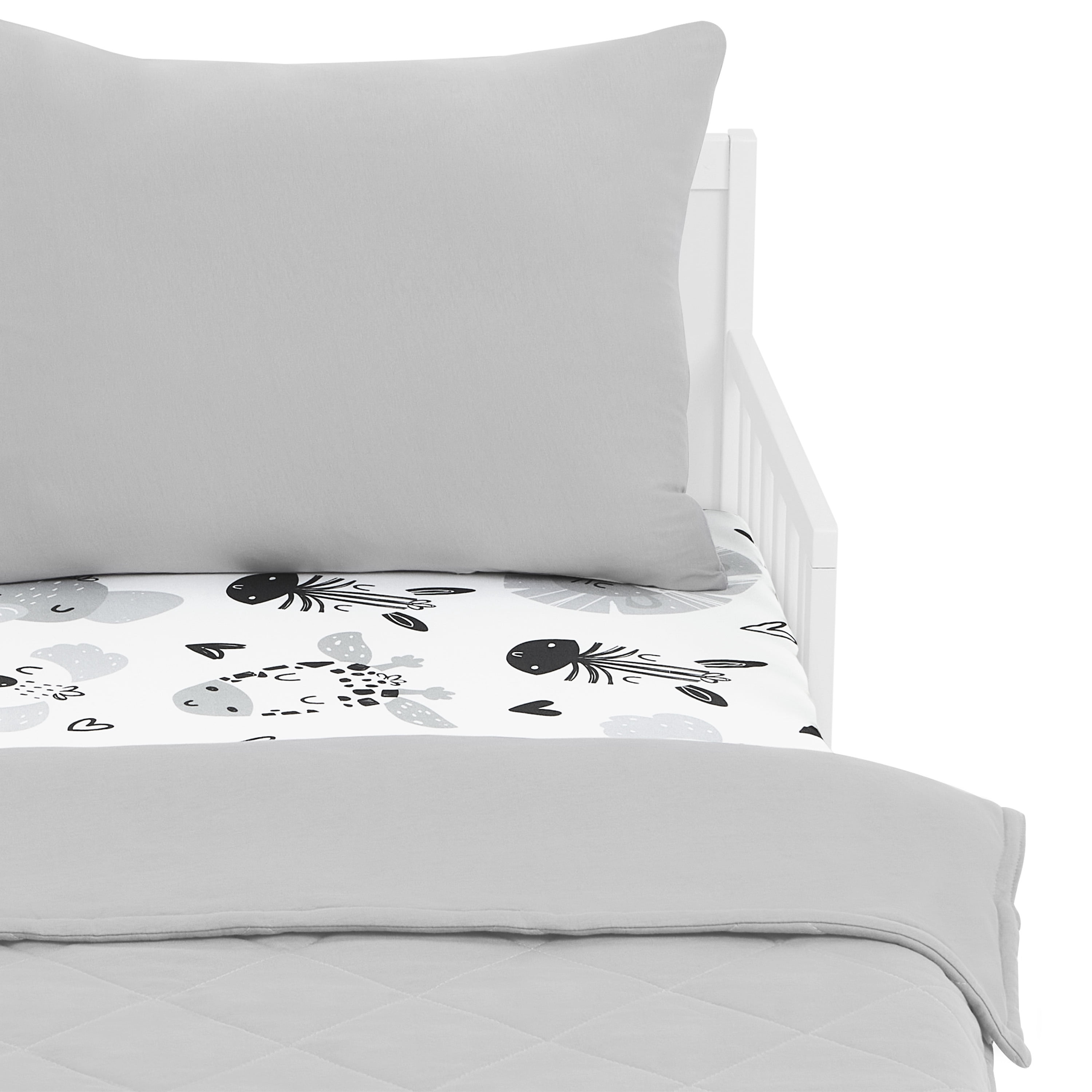 Evolur Zoo Love Collection 3pc Toddler Bed Set (Fitted Sheet, Comforter, Pillow Case) in Glacier Grey & Animal Print