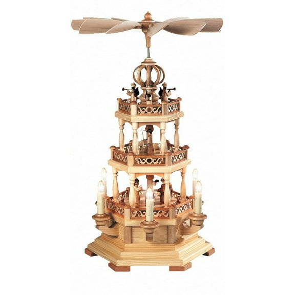 German christmas pyramid Christmas story with angels, 2-tier, height 49 cm / 19 inch, electrical illuminated and driven (230V, 50Hz not for USA and Japan), natural, original Erzgebirge by Müller S...