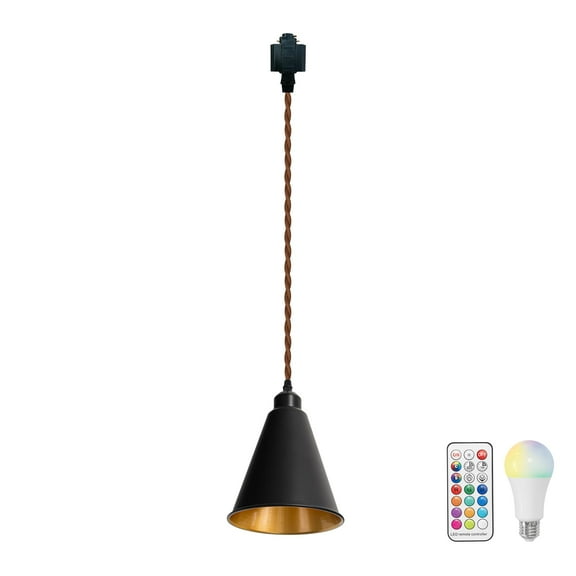 LAYYELAMP Black Metal Cone Shade Inner Gold Track Lighting H-Type 39.3 Inches Brown Twisted Cord Vintage Remote RGB Warm Light Track Lamp for Kitchen Dining Table Loft