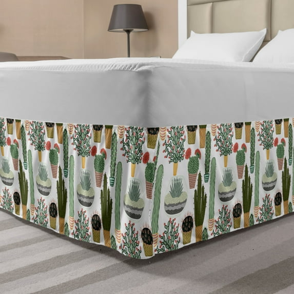 Cactus Bed Skirt, Pattern with Succulent Plants and Cactuses in Pots Botanical Floral Mexican Garden, Elastic Bedskirt Dust Ruffle Wrap Around for Bedding Decor, 4 Sizes, Multicolor, by Ambesonne