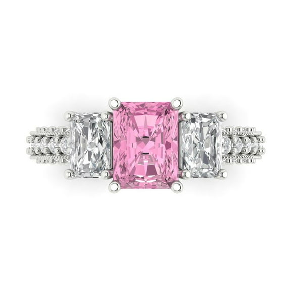 3.61 ct Emerald Cut Simulated Pink Diamond Three-Stone Engagement Ring for Women in 14K White Gold