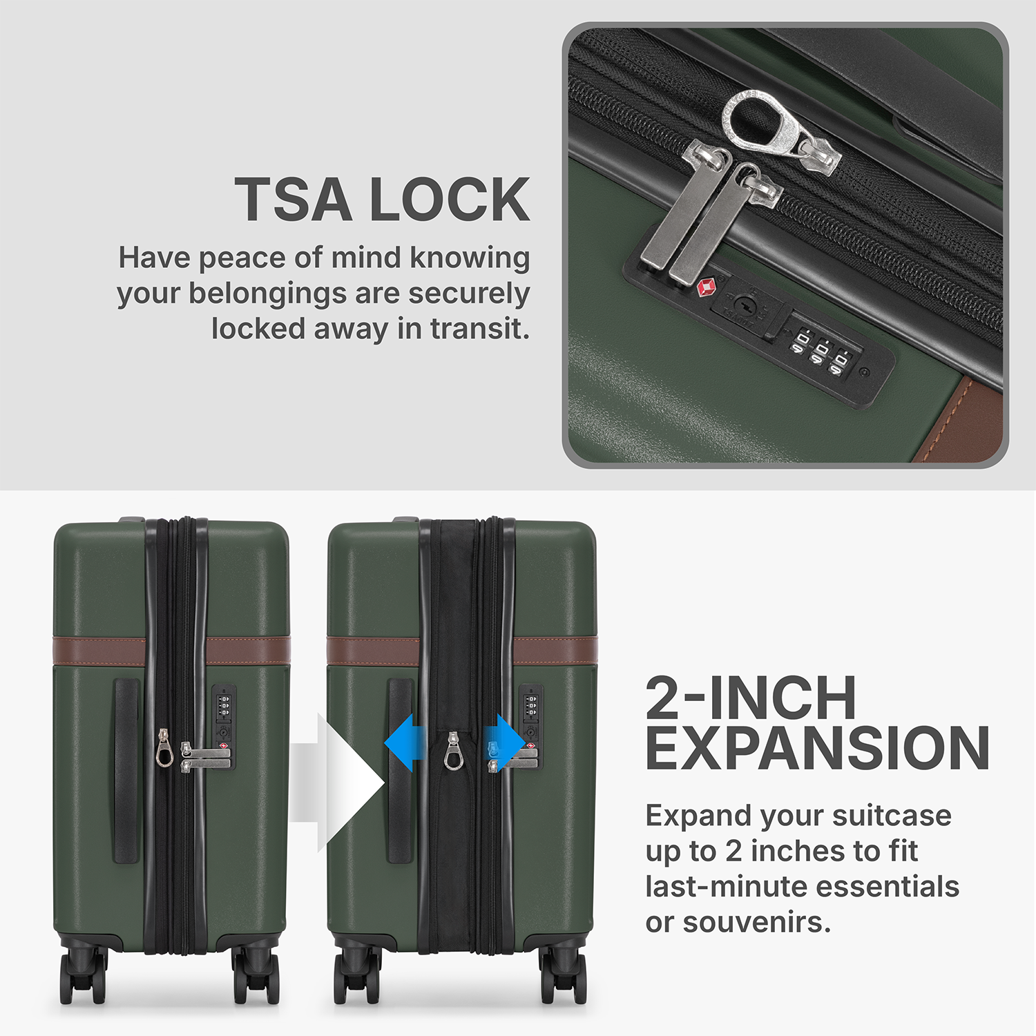 U.S. Traveler 3-Piece Luggage Set with Backpack, 21-Inch Carry-on Hardside Expandable with Spinner Wheels, TSA Lock, 18-Inch Travel Backpack with Laptop Sleeve, 3-Piece Travel Set, Green