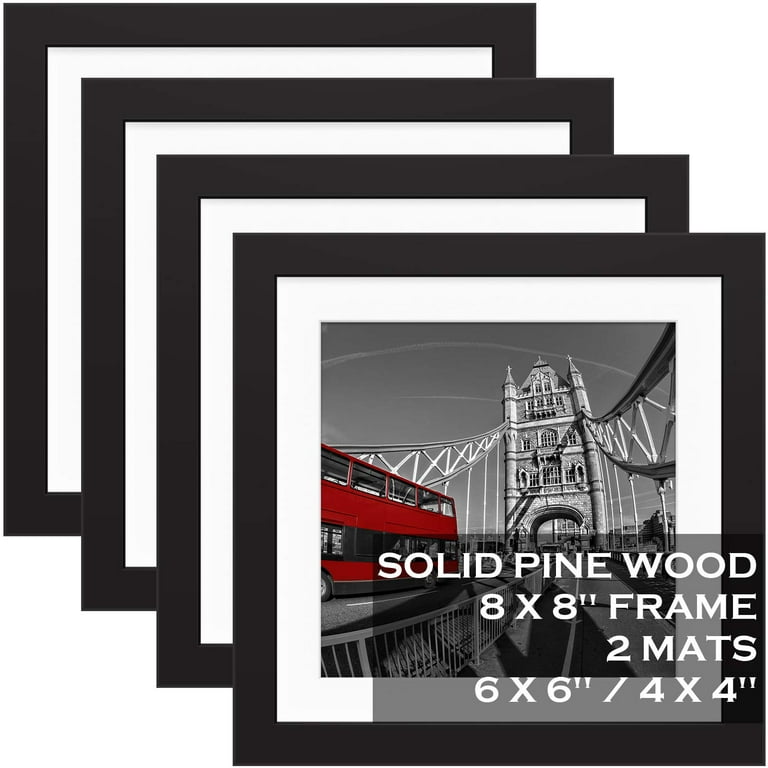 Haus and Hues Solid Oak 8 inchx8 inch Picture Frame Matted to 4 inchx4 inch - 8x8 Square Black Picture Frames, Square Picture Frame Wood, 8 x 8