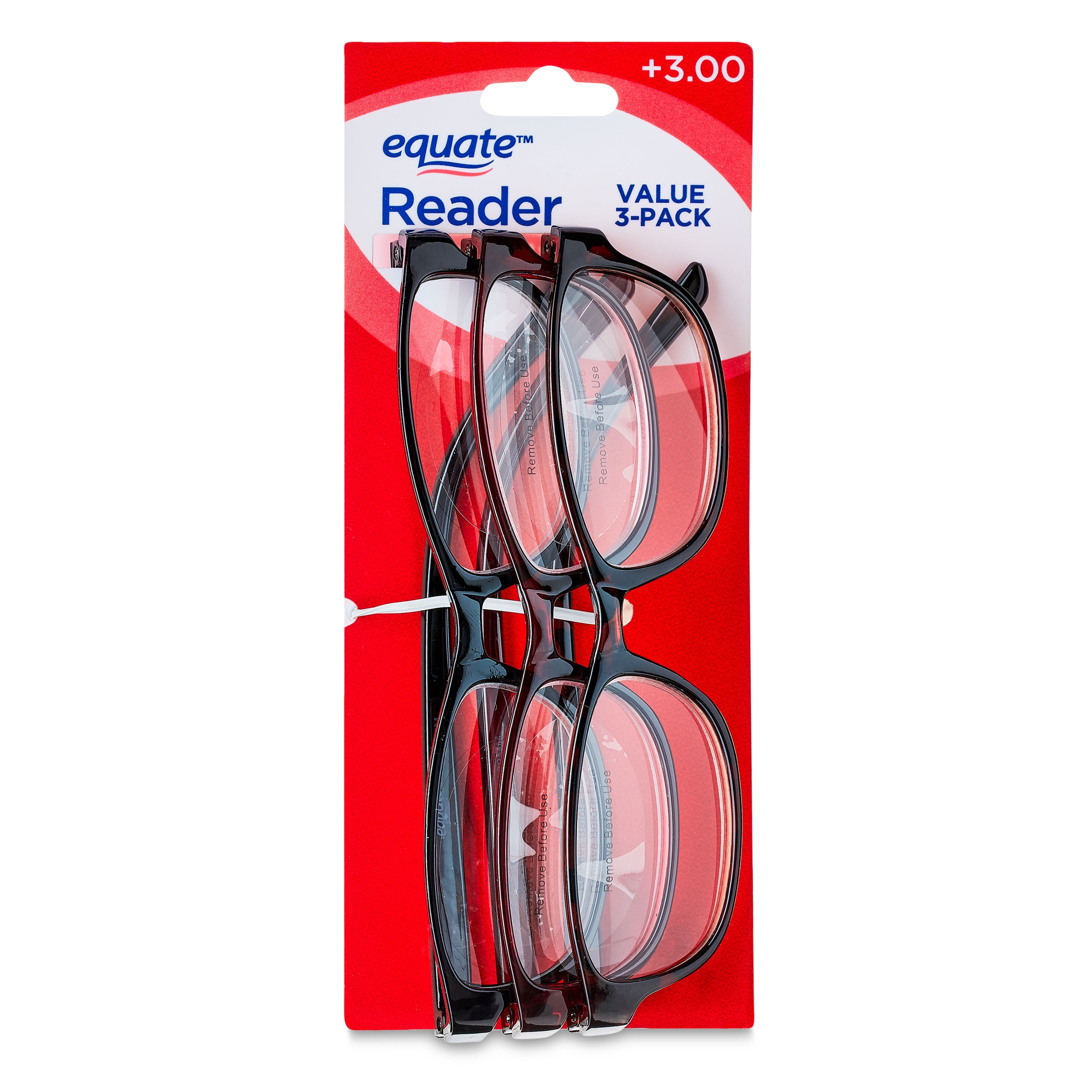 Equate Women's Rectangular Reading Glasses, Black/Wine/Tortoise, +3.00, 3 Pack