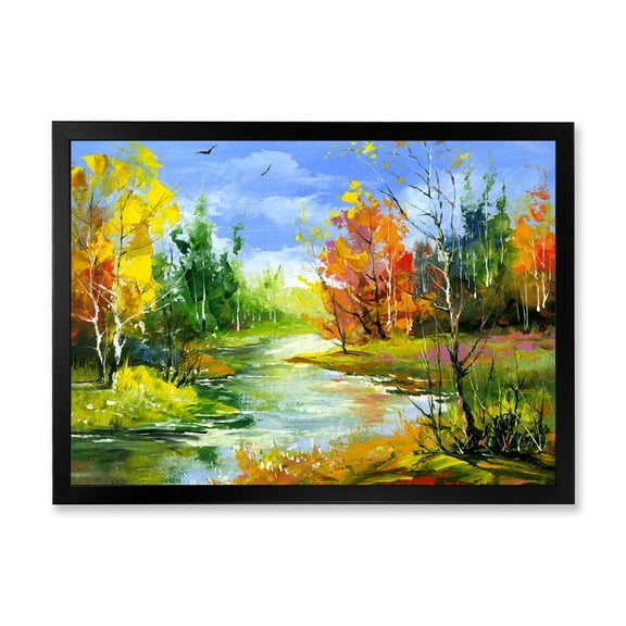 Designart 'Autumn Landscape With Forest and River' Lake House Framed Art Print