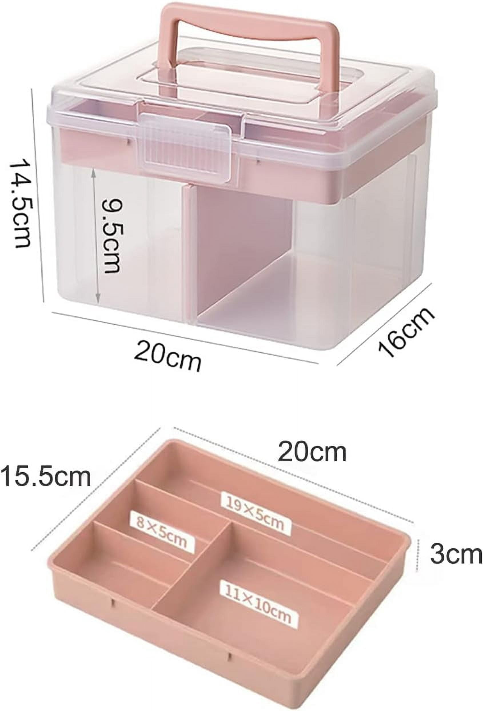ABPETE Small Portable Plastic Storage Box for Beauty Ornaments Hair Nail Accessories, Cosmetic Case with Handle & Removable Tray & a Divider, Sewing Box Organizer, Kids Art Box (Clear & Pink)