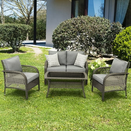 Superjoe Outdoor Furniture Sets 4 Pcs Patio Wicker Conversation Set Rattan Sofa with Coffee Table and Cushions, Gary