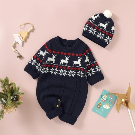 

FZM Christmas Boy Girl Christmas Deer Knitted Sweater Baby Jumpsuit Romper Cotton 1 Piece Hat Caps Outfits Clothes Set